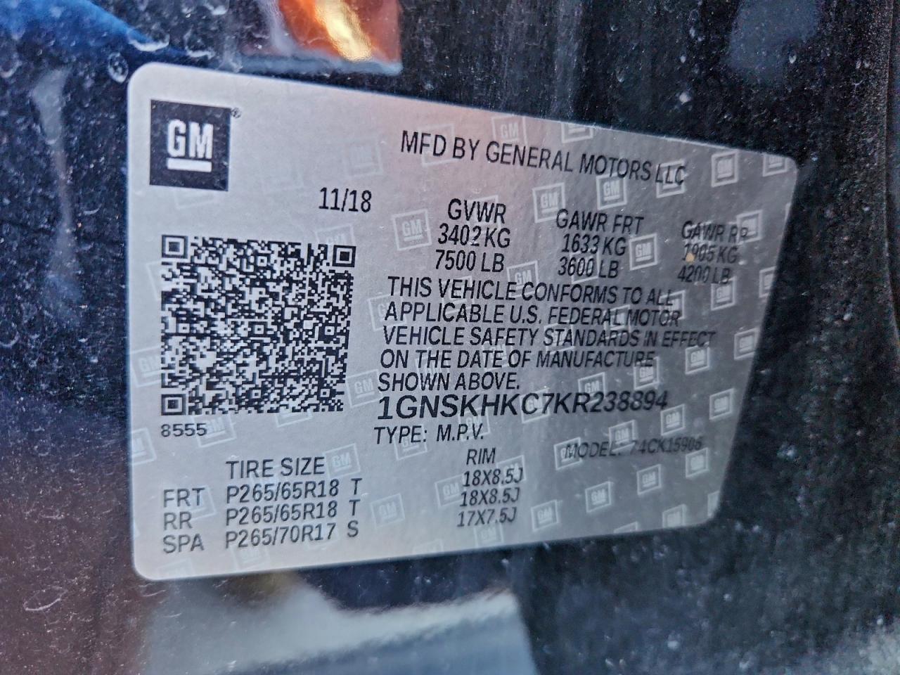 2019 Chevrolet Suburban K1500 Lt VIN: 1GNSKHKC7KR238894 Lot: 94448185