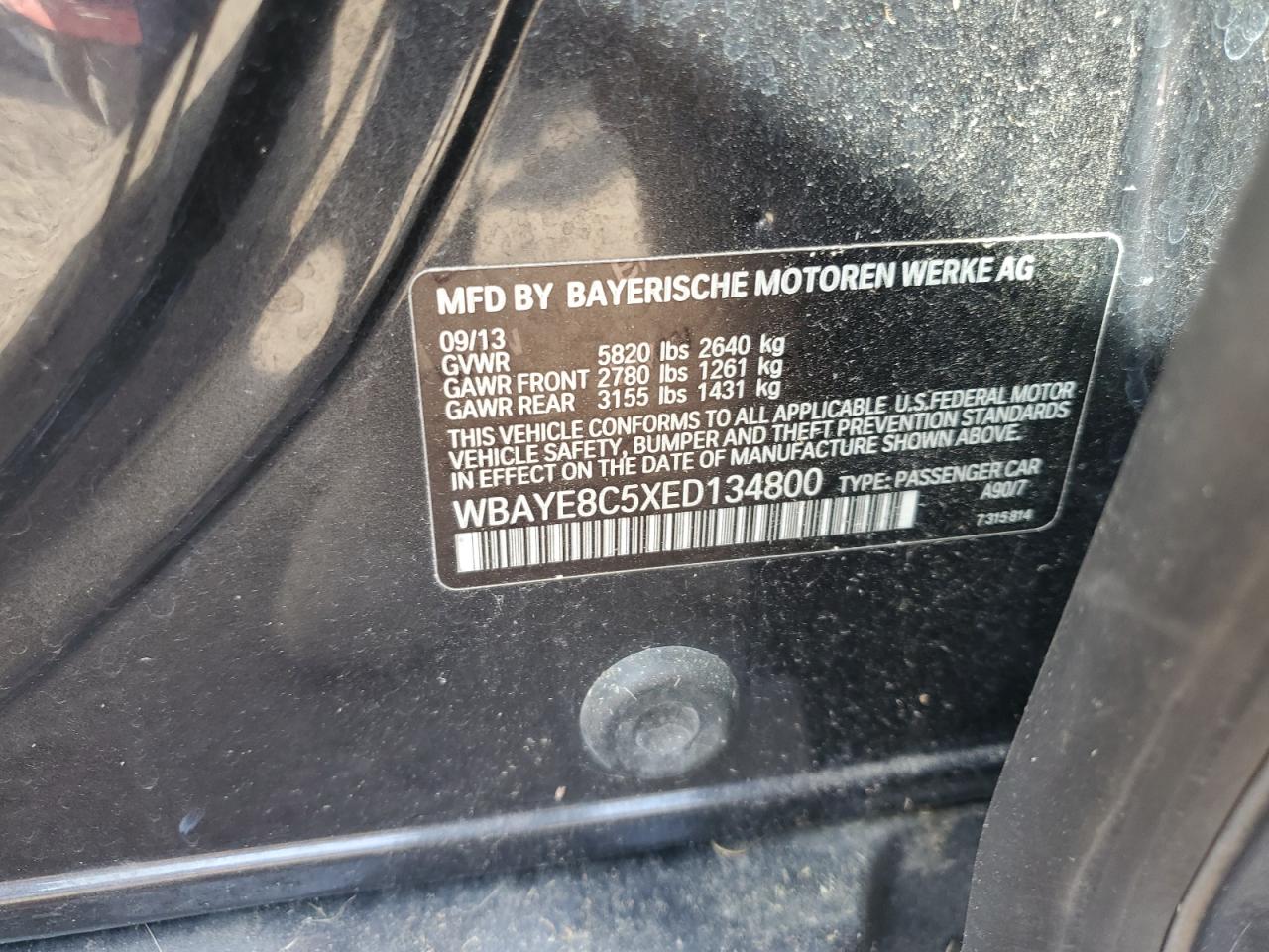 2014 BMW 750 Li VIN: WBAYE8C5XED134800 Lot: 93505235