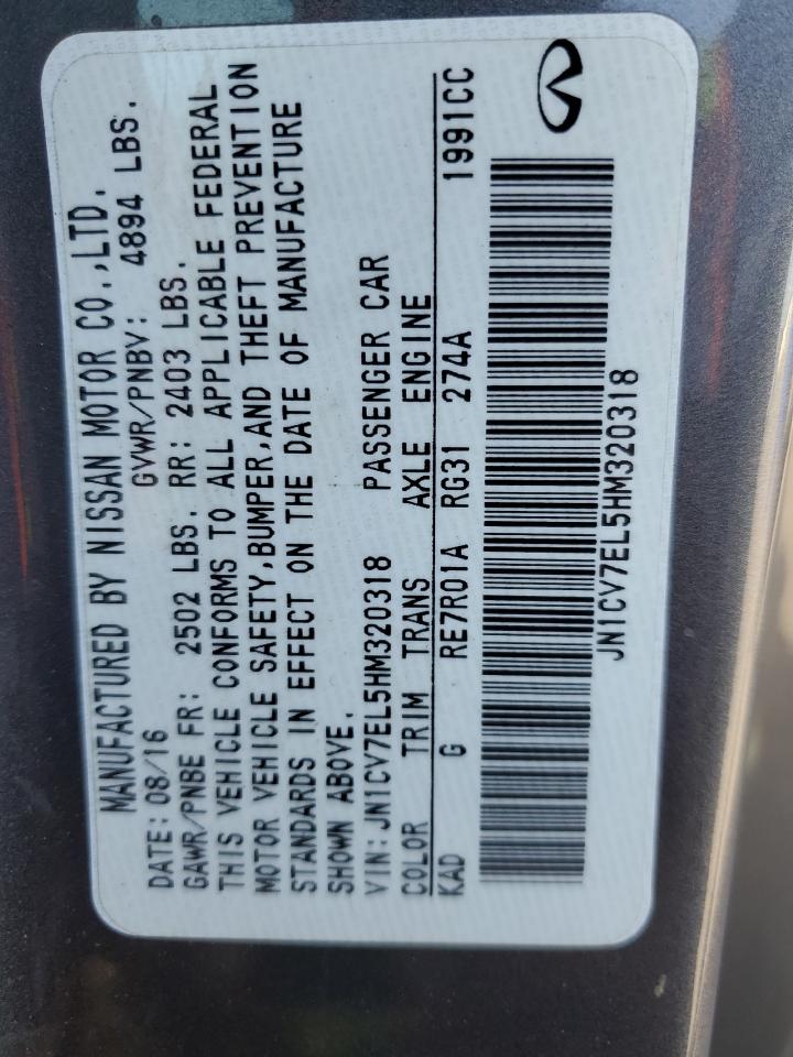 2017 Infiniti Q60 Base VIN: JN1CV7EL5HM320318 Lot: 92387025