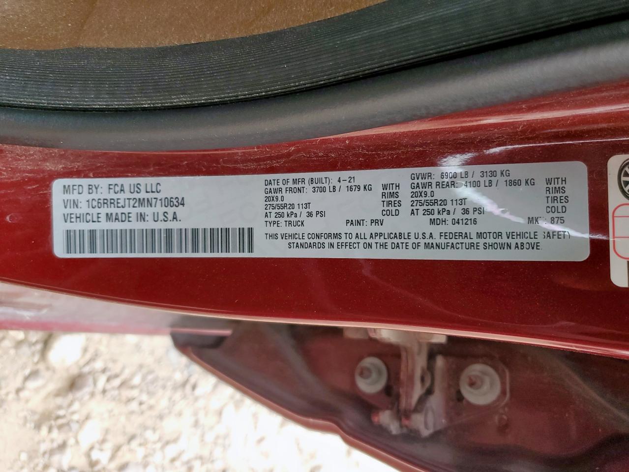 2021 Ram 1500 Laramie VIN: 1C6RREJT2MN710634 Lot: 92256575