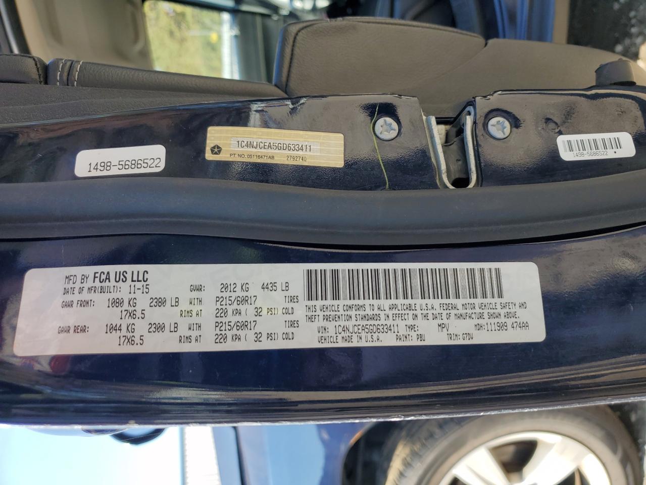 2016 Jeep Compass Latitude VIN: 1C4NJCEA5GD633411 Lot: 91632615