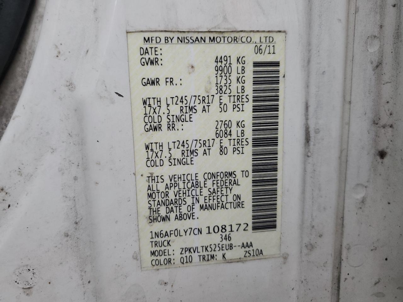 2012 Nissan Nv 2500 VIN: 1N6AF0LY7CN108172 Lot: 92035665