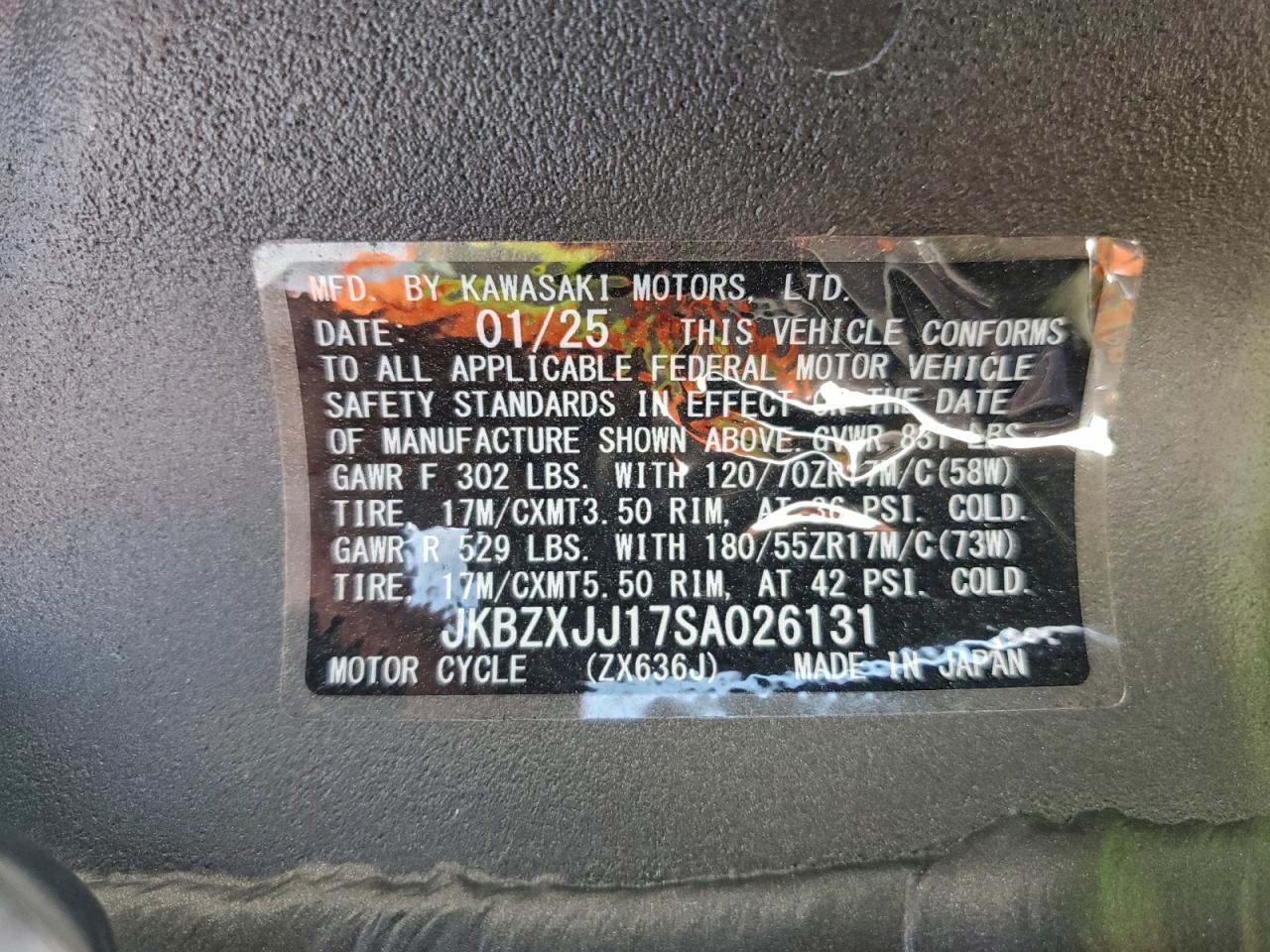 2025 Kawasaki Zx636 K VIN: JKBZXJJ17SA026131 Lot: 94700505