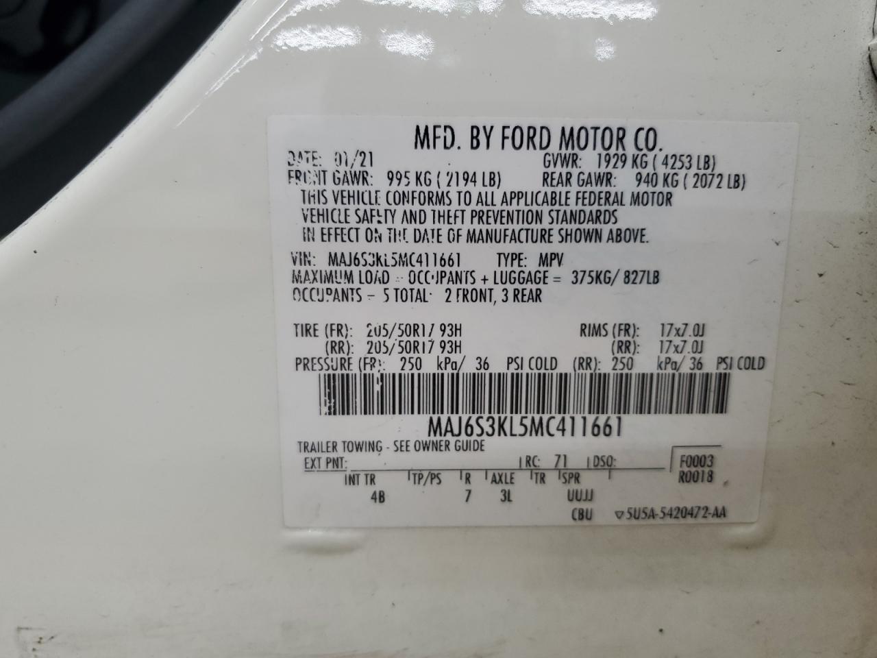 2021 Ford Ecosport Titanium VIN: MAJ6S3KL5MC411661 Lot: 91770345