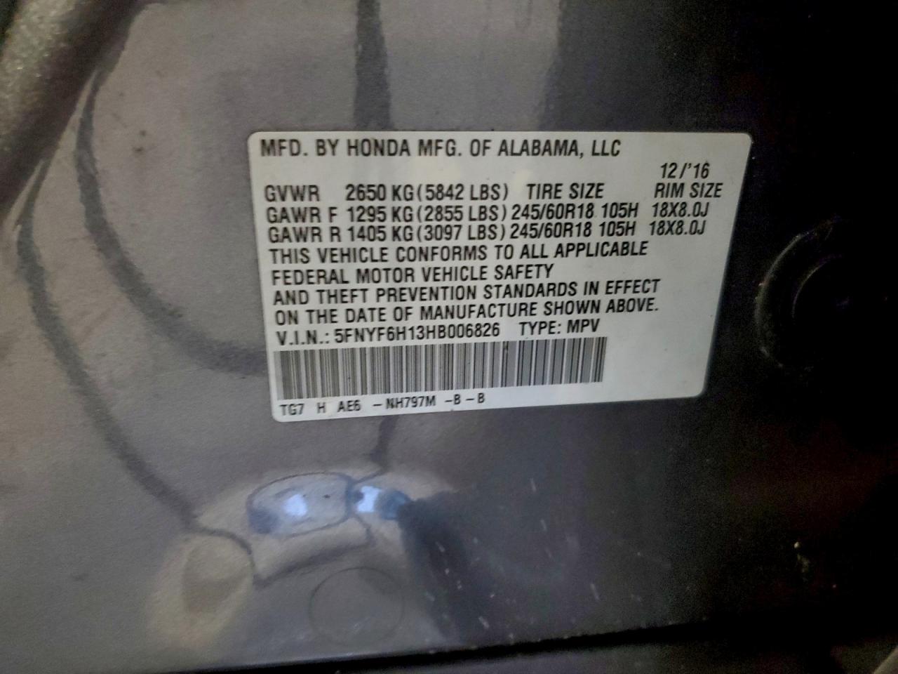 2017 Honda Pilot Lx VIN: 5FNYF6H13HB006826 Lot: 93919285