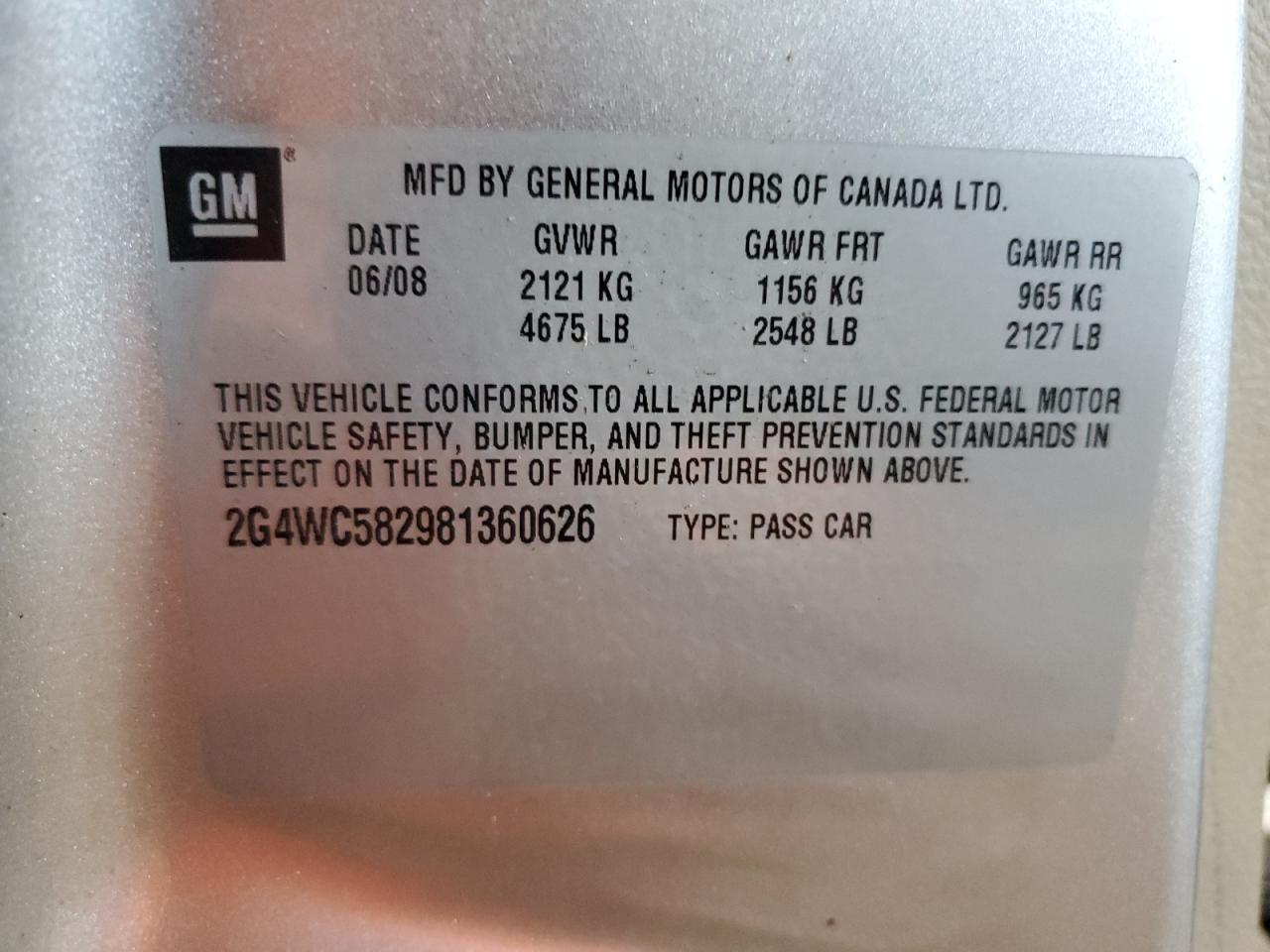 2008 Buick Lacrosse Cx VIN: 2G4WC582981360626 Lot: 90836465