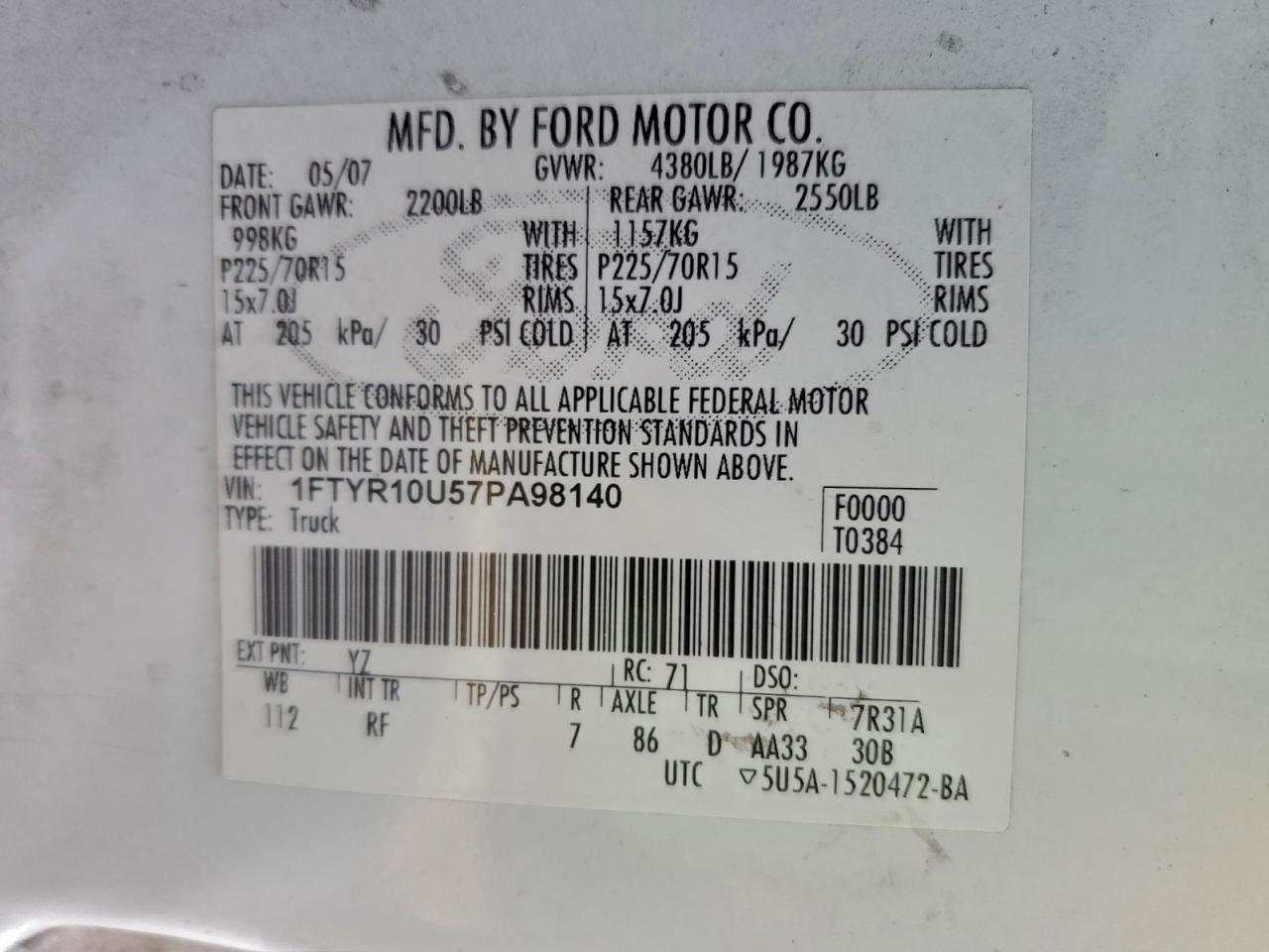 2007 Ford Ranger VIN: 1FTYR10U57PA98140 Lot: 93644405