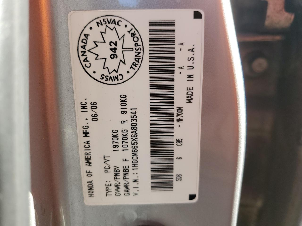 2006 Honda Accord Ex VIN: 1HGCM665X6A803541 Lot: 91626555