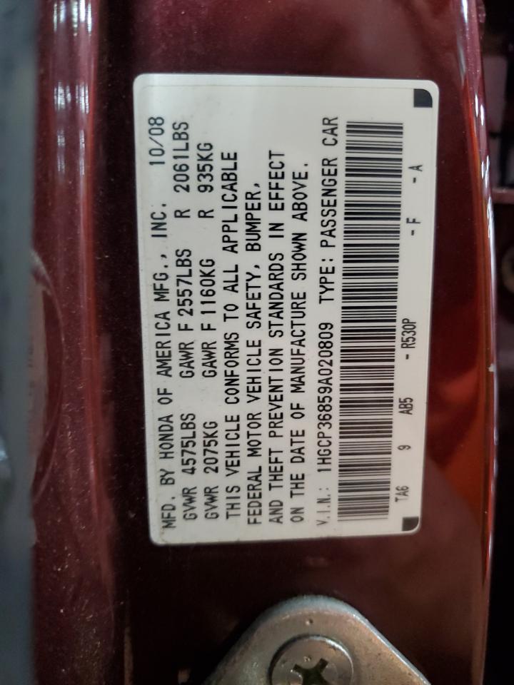 2009 Honda Accord Exl VIN: 1HGCP36859A020809 Lot: 93048225