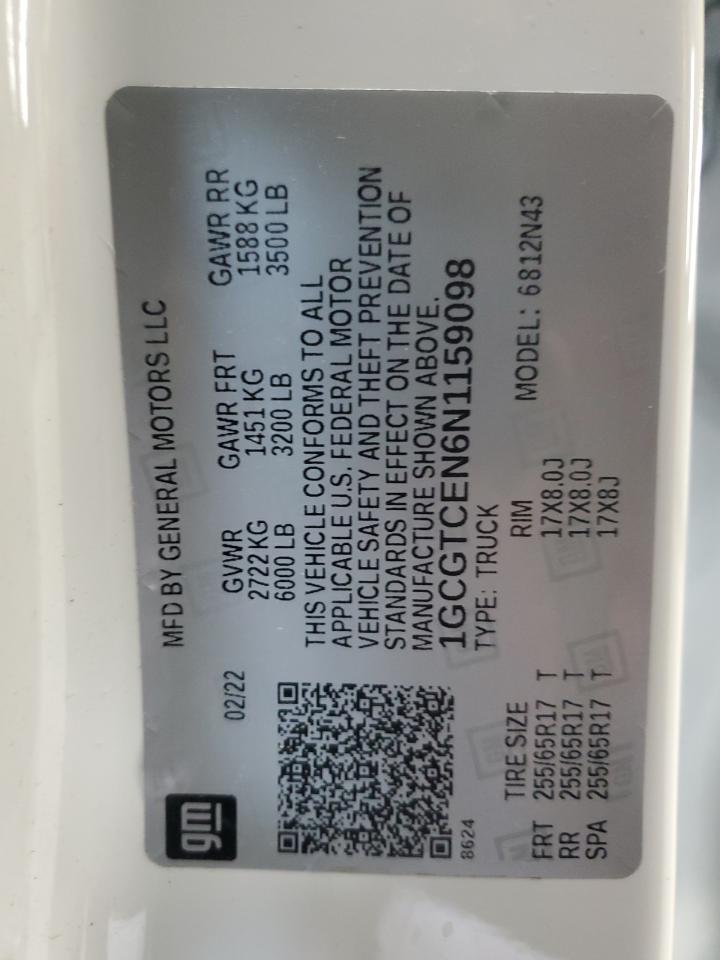 2022 Chevrolet Colorado Lt VIN: 1GCGTCEN6N1159098 Lot: 92839345