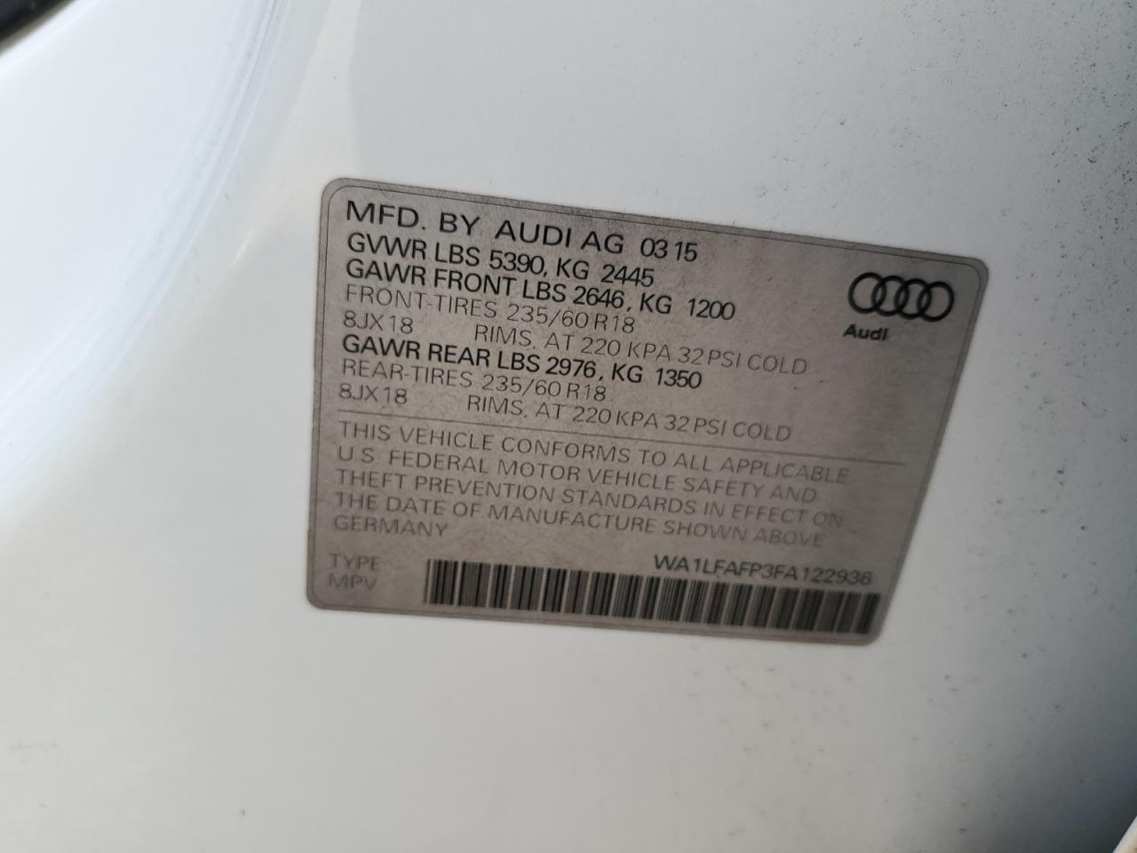 2015 Audi Q5 Premium Plus VIN: WA1LFAFP3FA122936 Lot: 90836875