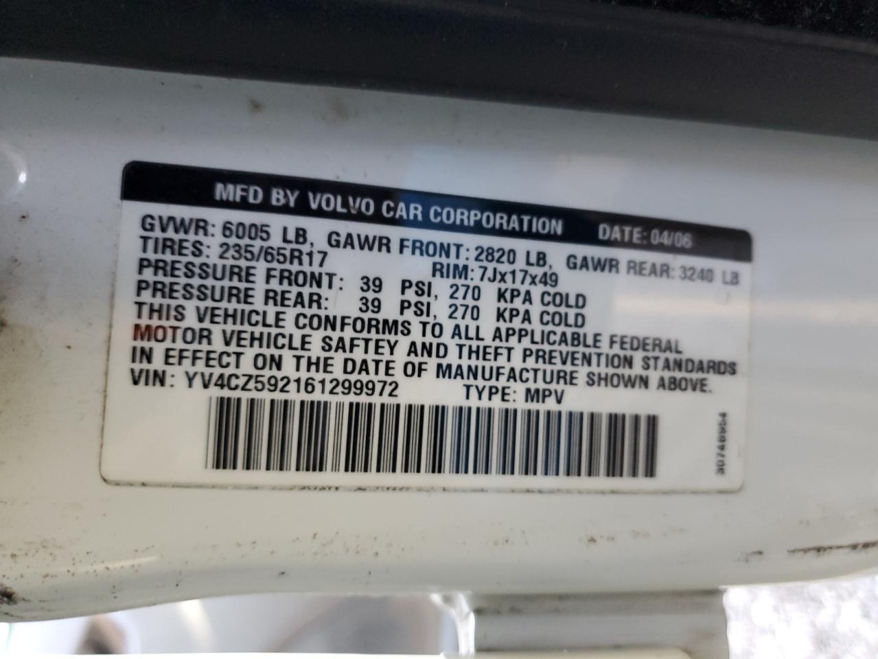 2006 Volvo Xc90 VIN: YV4CZ592161299972 Lot: 91021285