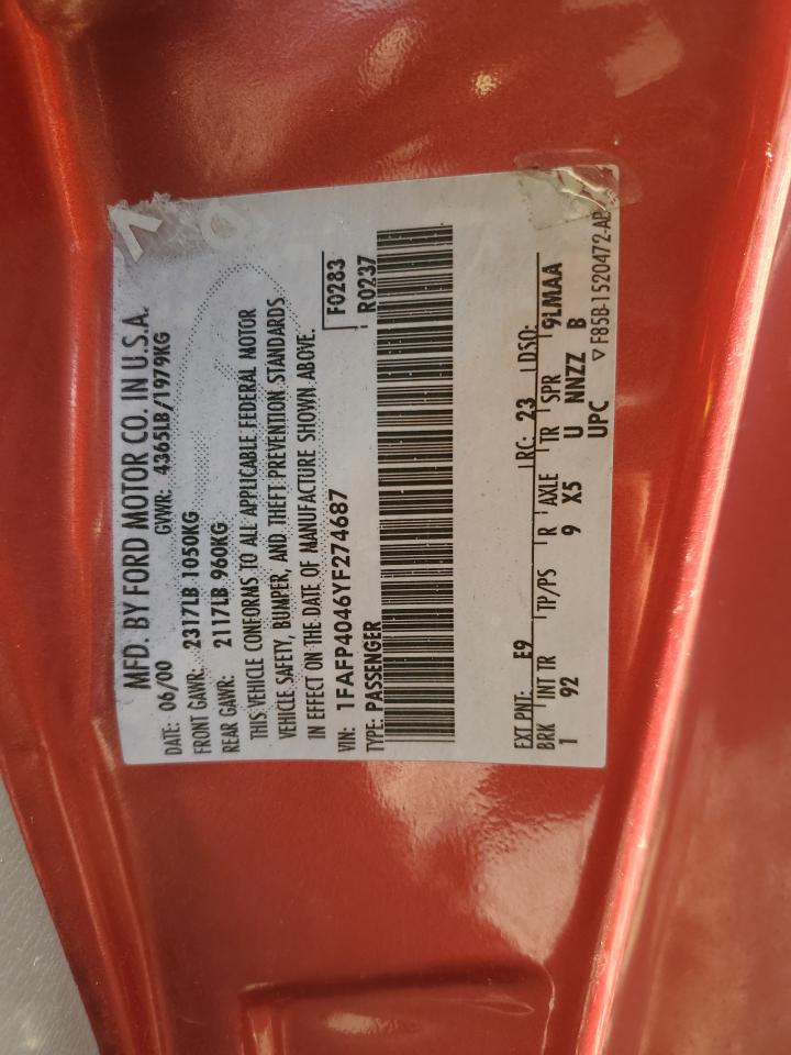 2000 Ford Mustang VIN: 1FAFP4046YF274687 Lot: 91907985