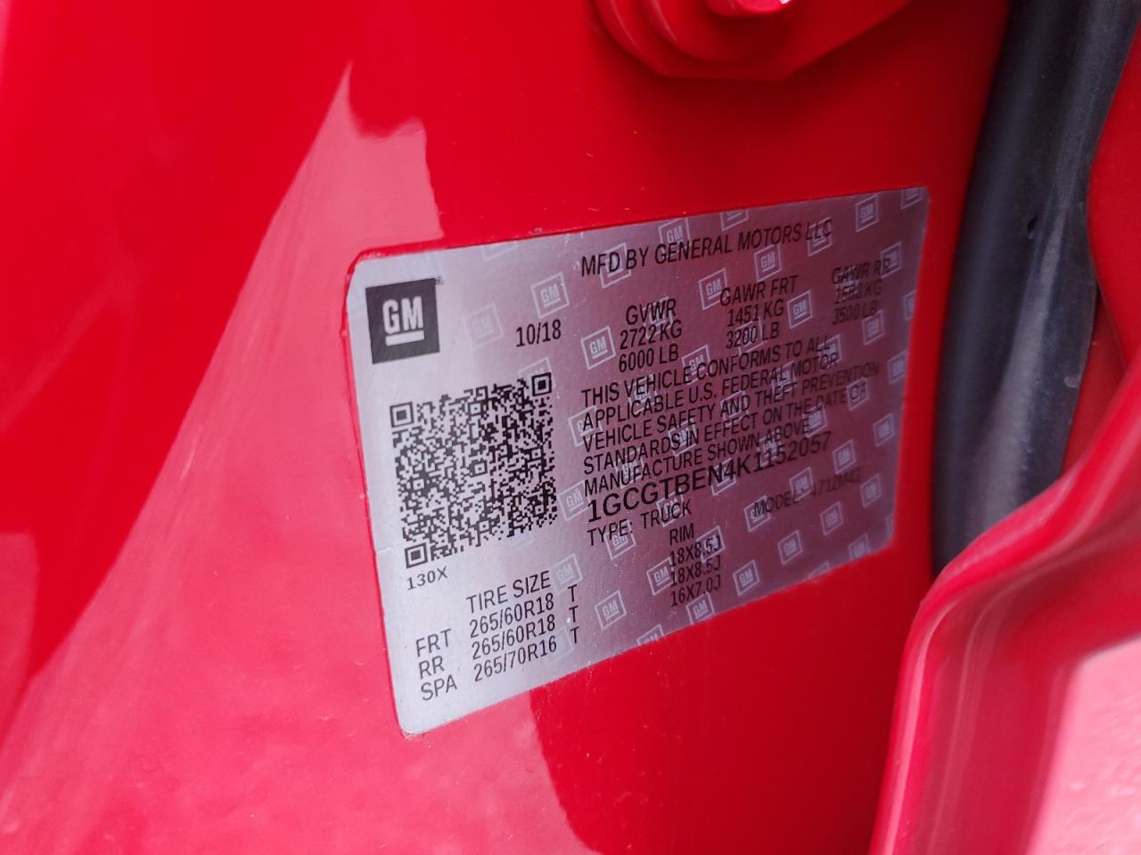 2019 Chevrolet Colorado VIN: 1GCGTBEN4K1152057 Lot: 92278545