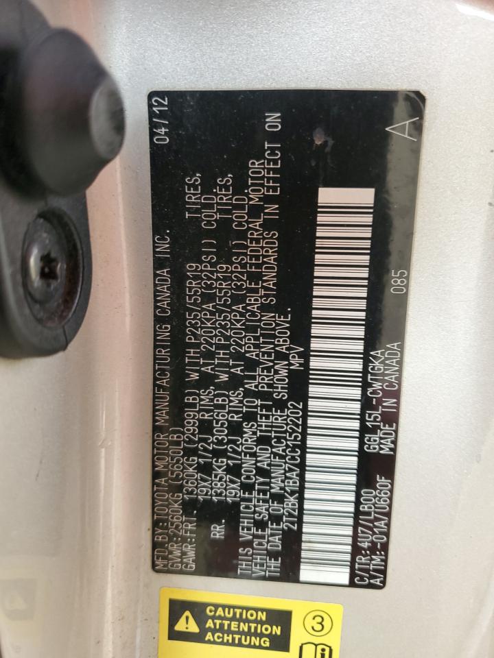 2012 Lexus Rx 350 VIN: 2T2BK1BA7CC152202 Lot: 90852945