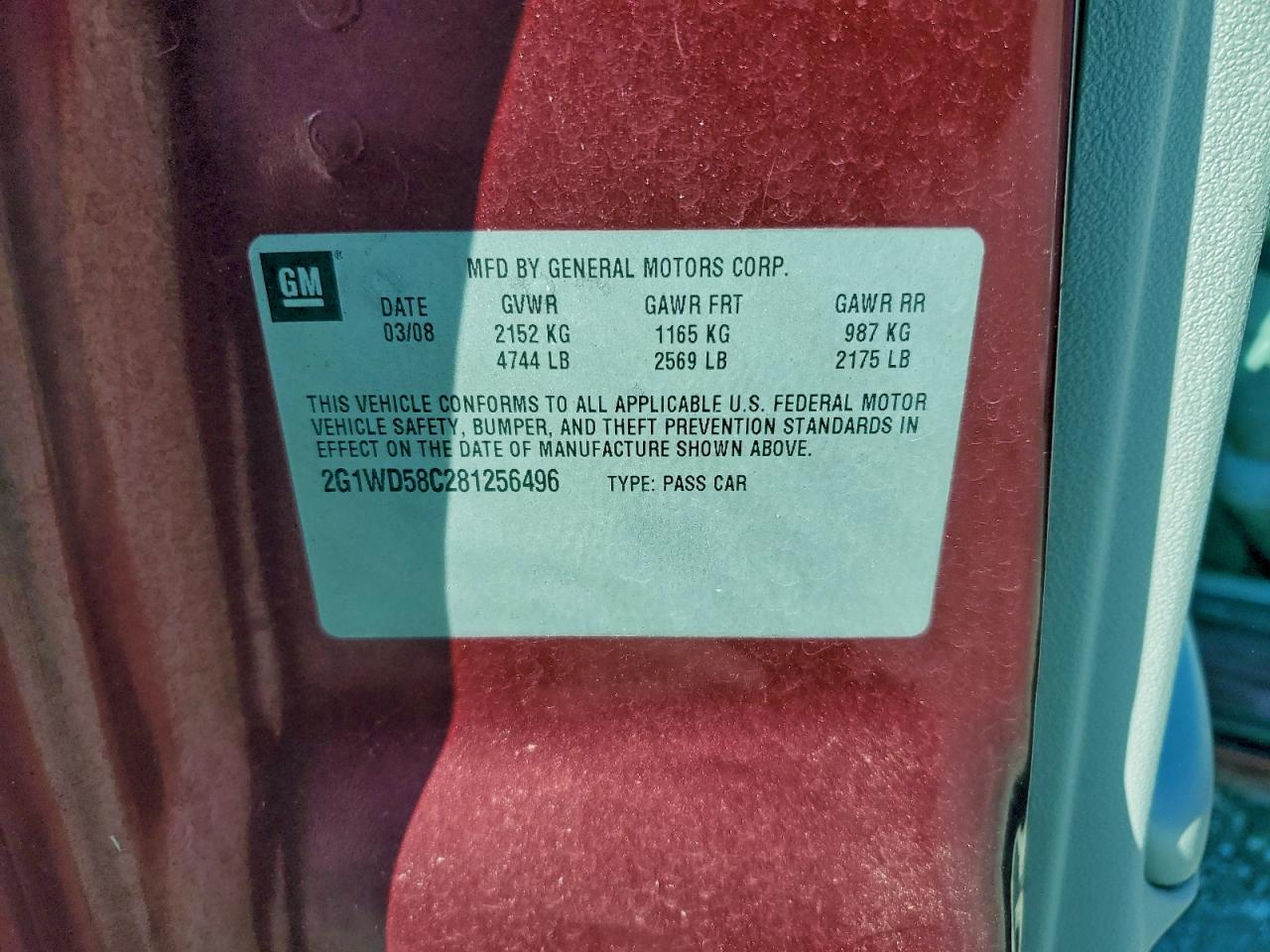 2008 Chevrolet Impala Super Sport VIN: 2G1WD58C281256496 Lot: 94437985