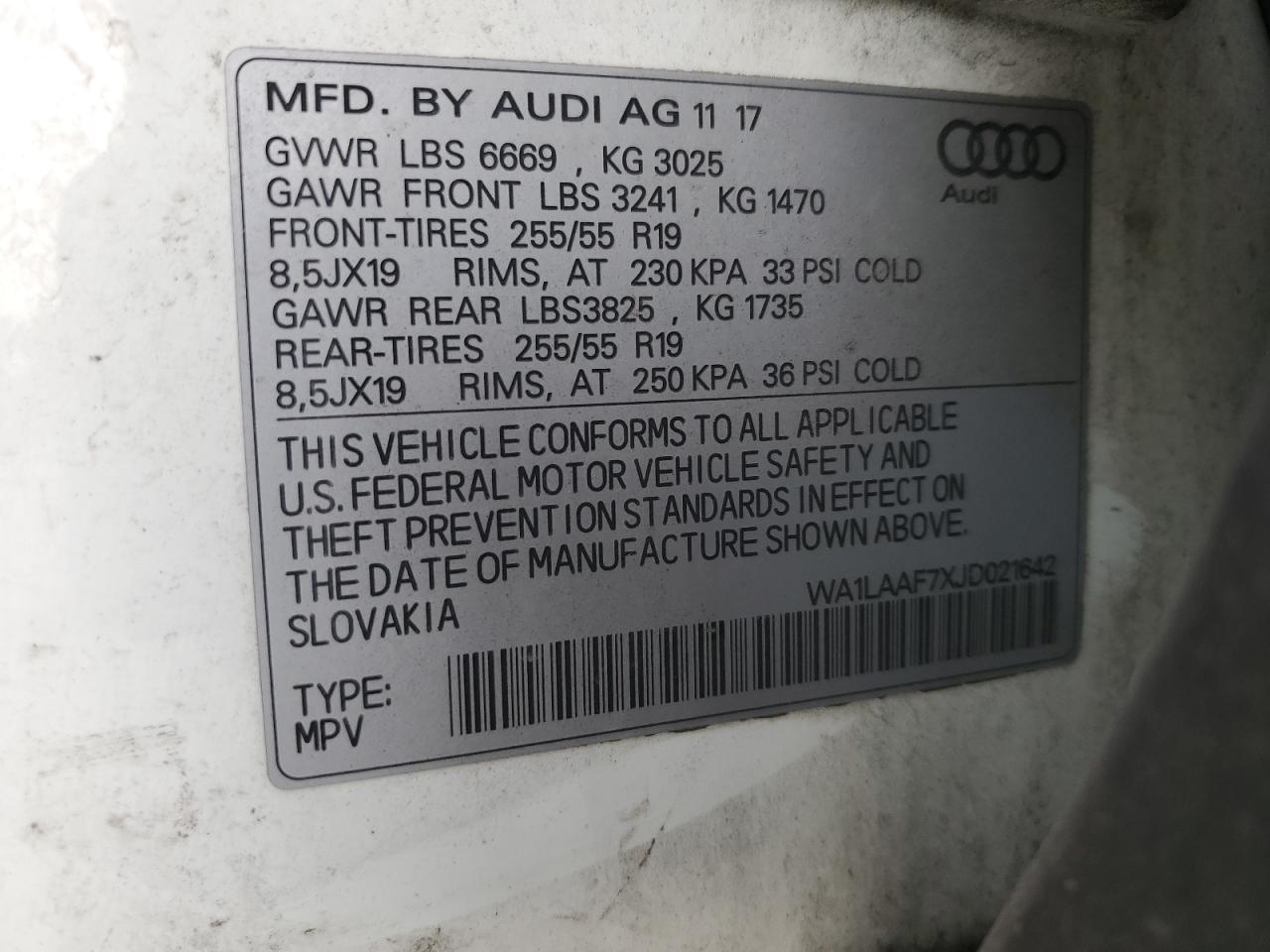 2018 Audi Q7 Premium Plus VIN: WA1LAAF7XJD021642 Lot: 93485985