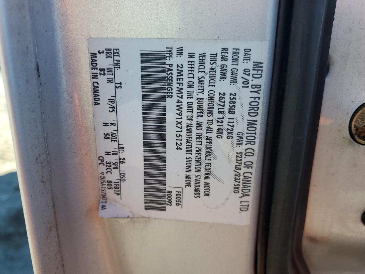 2001 Mercury Grand Marquis Gs VIN: 2MEFM74W91X715124 Lot: 91412965