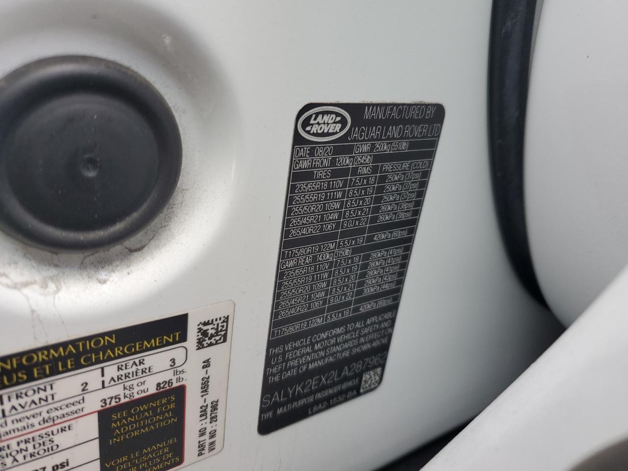 2020 Land Rover Range Rover Velar R-Dynamic S VIN: SALYK2EX2LA287962 Lot: 91413035