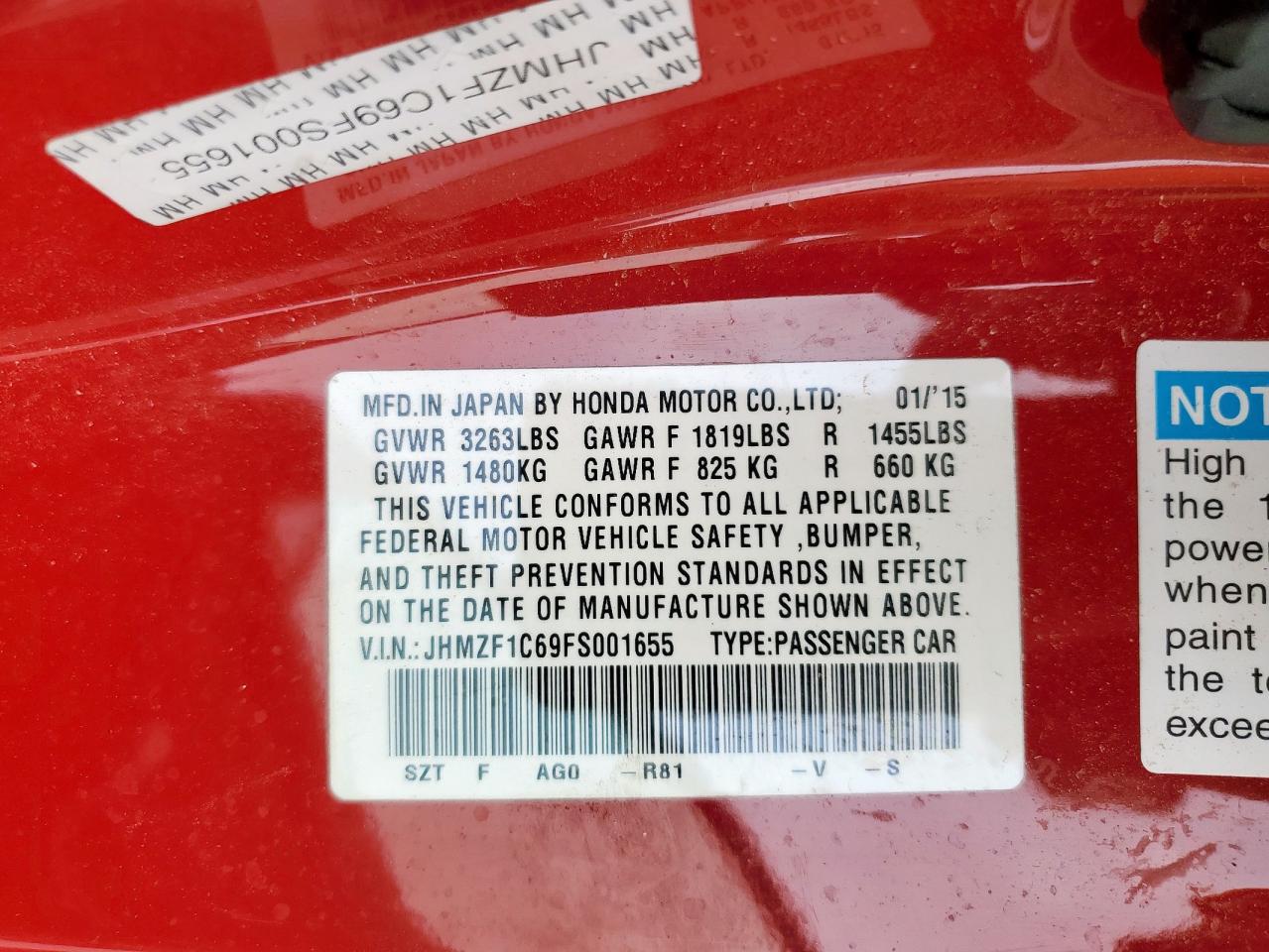 2015 Honda Cr-Z Ex VIN: JHMZF1C69FS001655 Lot: 92837675