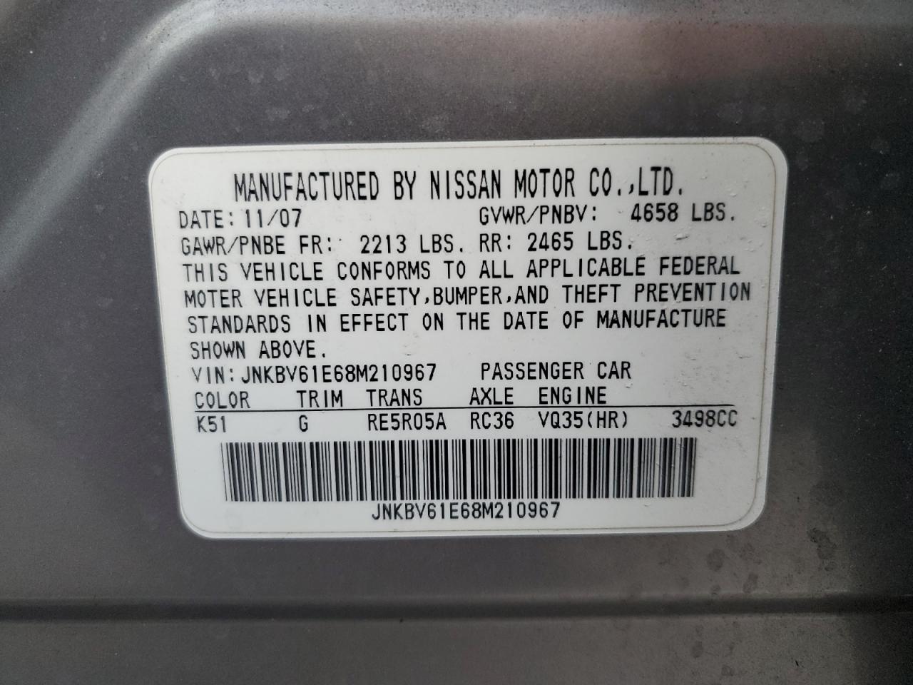 2008 Infiniti G35 VIN: JNKBV61E68M210967 Lot: 92473165