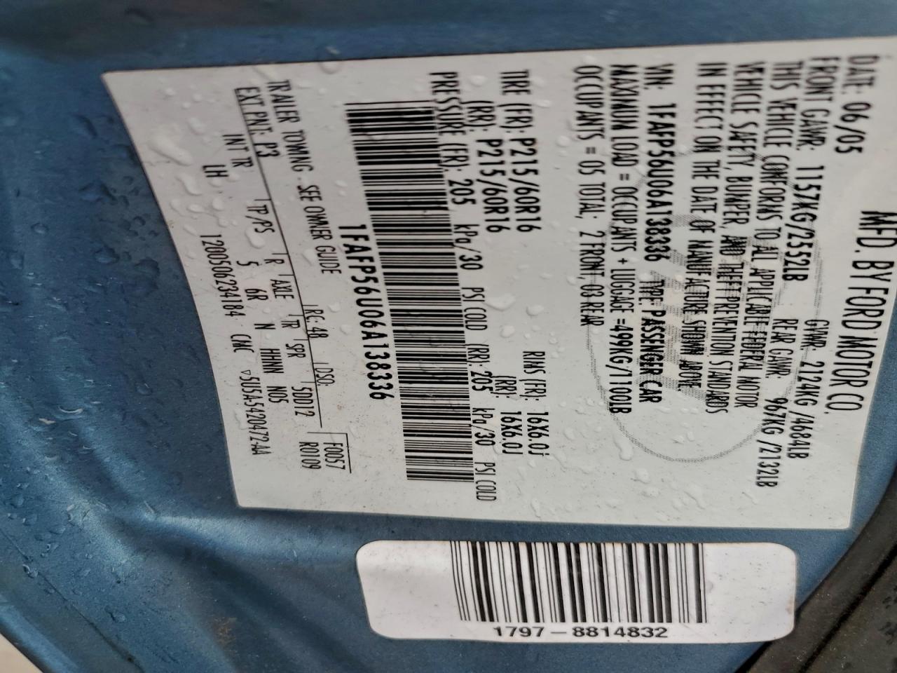 2006 Ford Taurus Sel VIN: 1FAFP56U06A138336 Lot: 94338885