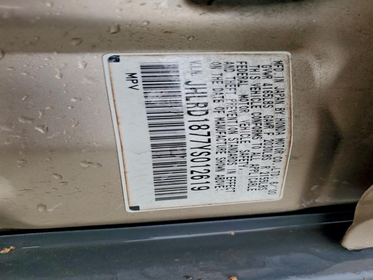 2000 Honda Cr-V Se VIN: JHLRD1877YS012619 Lot: 93861205