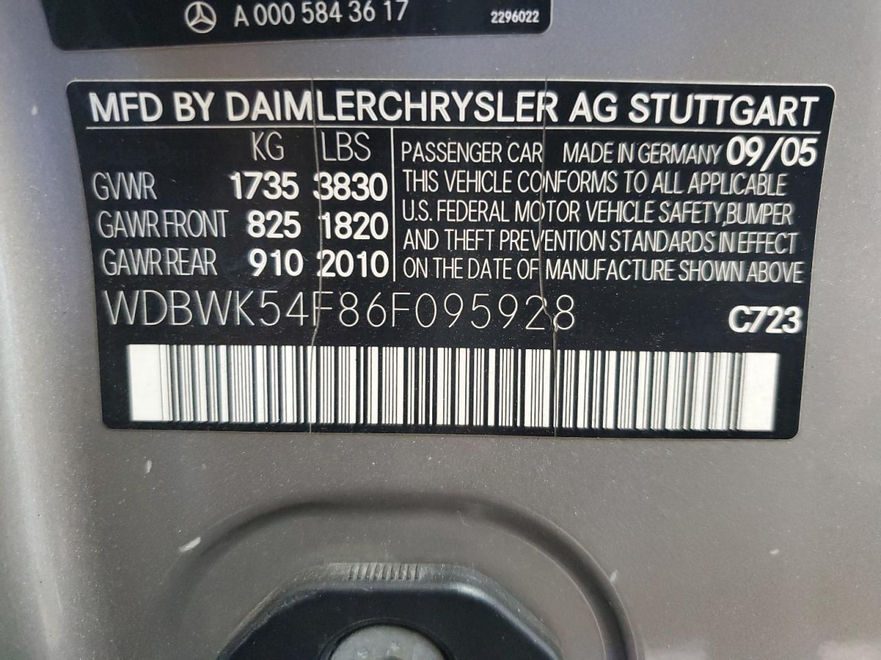 2006 Mercedes-Benz Slk 280 VIN: WDBWK54F86F095928 Lot: 92979135