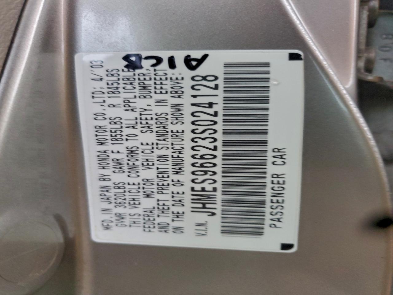 2003 Honda Civic Hybrid VIN: JHMES96623S024128 Lot: 94411665