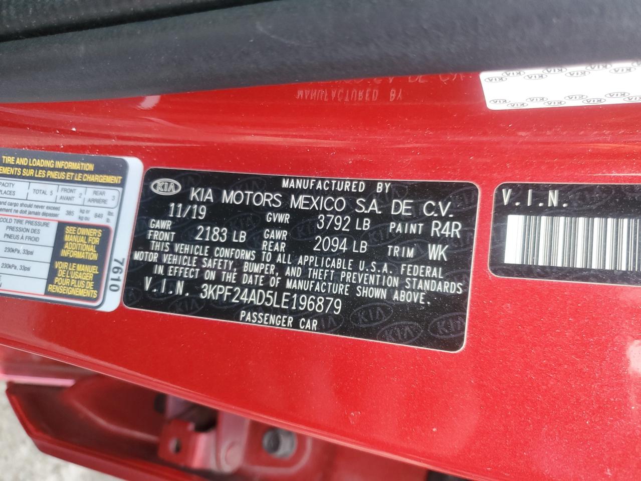 2020 Kia Forte Fe VIN: 3KPF24AD5LE196879 Lot: 92309165