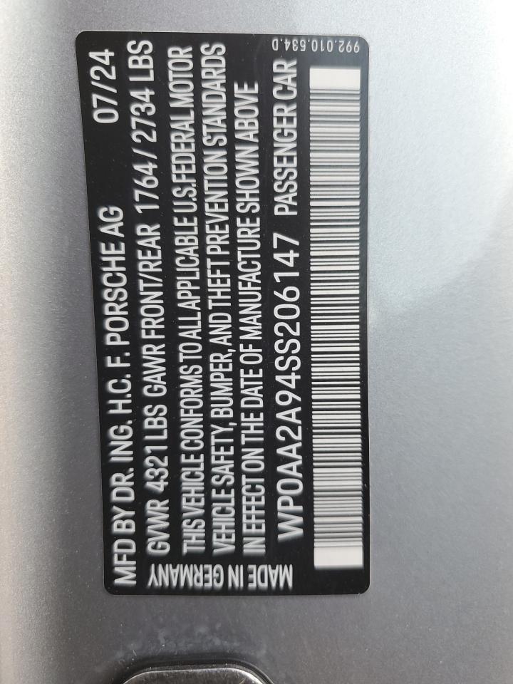 2025 Porsche 911 Carrera VIN: WP0AA2A94SS206147 Lot: 91892865