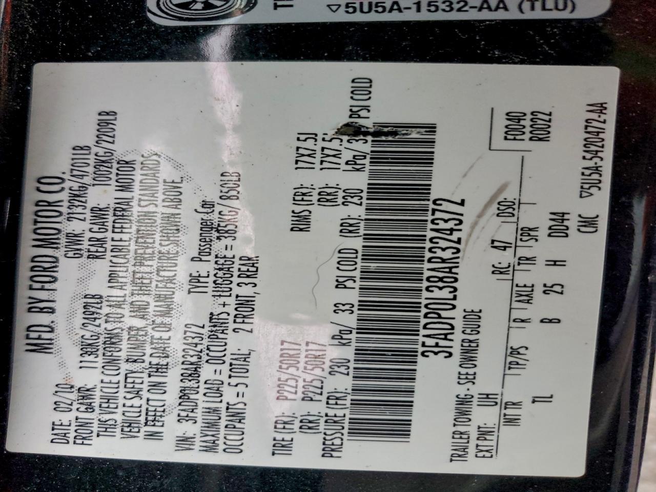 2010 Ford Fusion Hybrid VIN: 3FADP0L38AR324372 Lot: 94102905