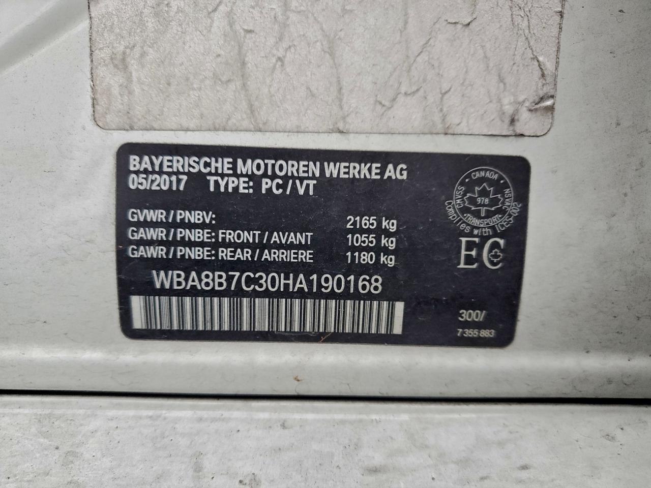 2017 BMW 340 Xi VIN: WBA8B7C30HA190168 Lot: 93450095