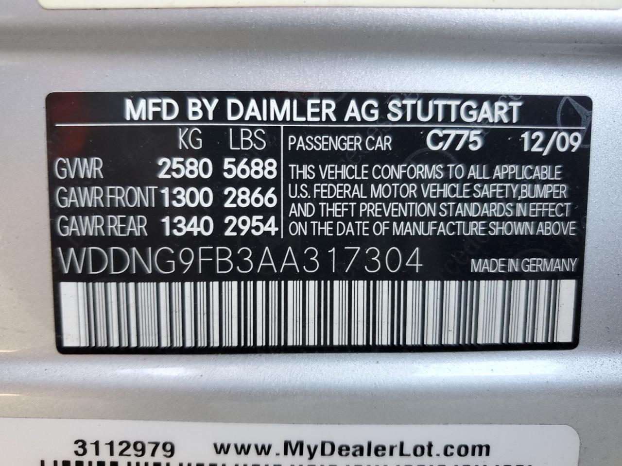 2010 Mercedes-Benz S 400 VIN: WDDNG9FB3AA317304 Lot: 93353565