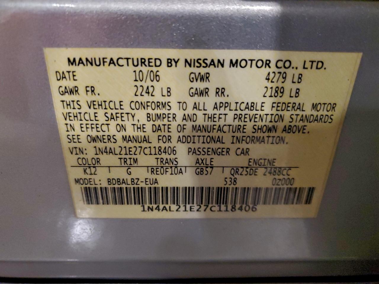 2007 Nissan Altima 2.5 VIN: 1N4AL21E27C118406 Lot: 94235855