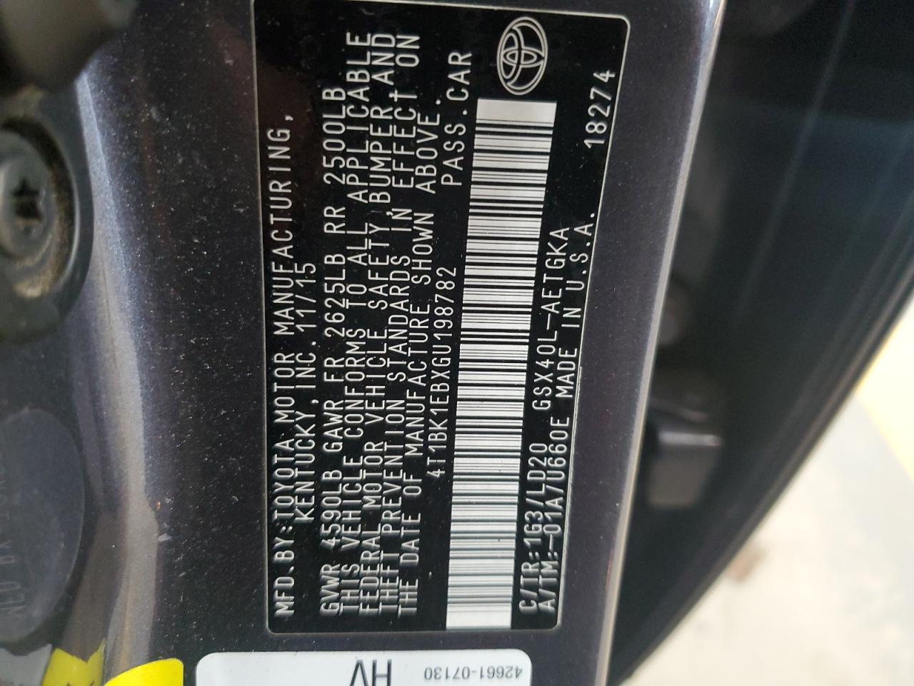 2016 Toyota Avalon Xle VIN: 4T1BK1EBXGU198782 Lot: 92227205