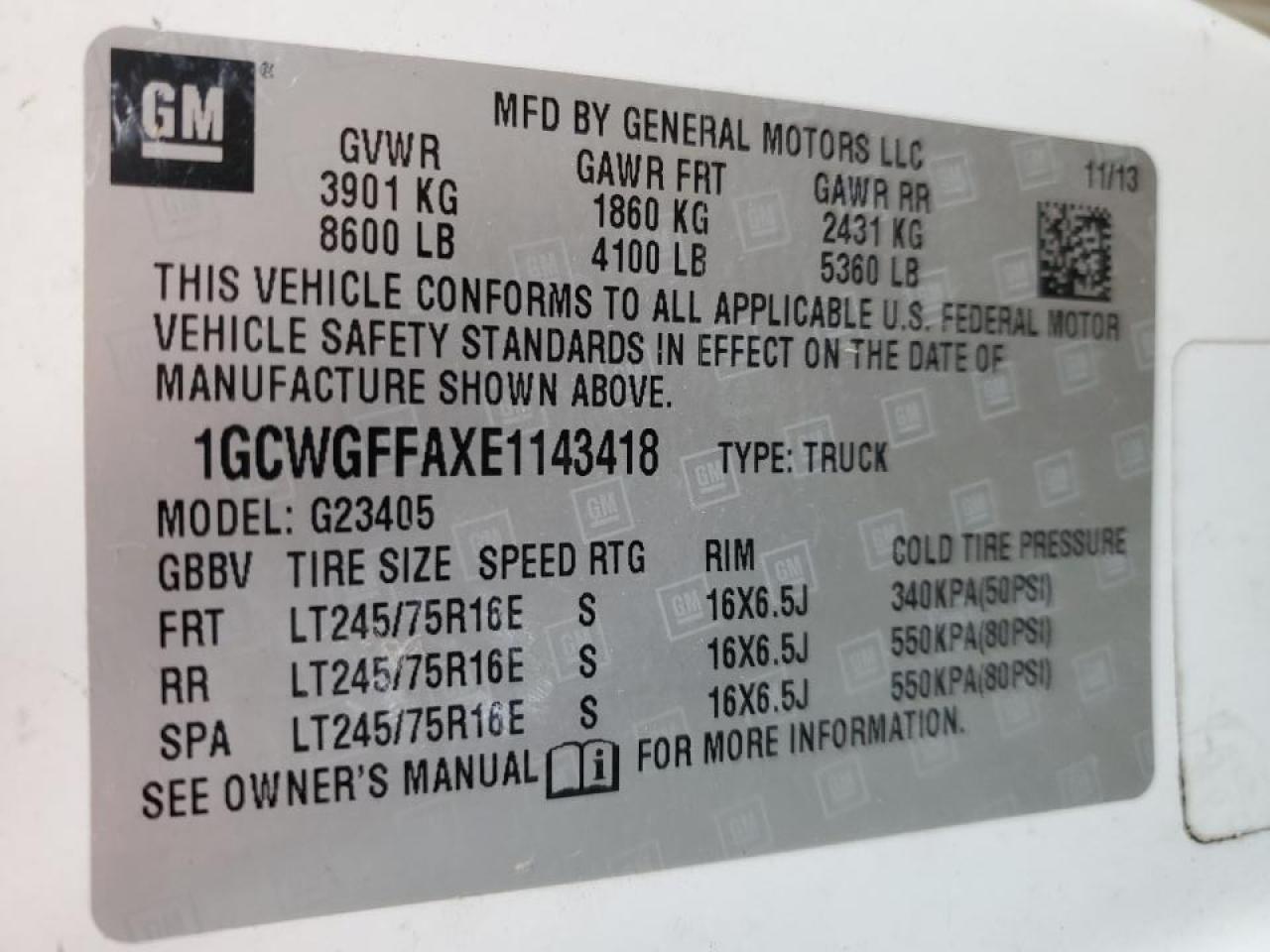 2014 Chevrolet Express 2500 Delivery Van VIN: 1GCWGFFAXE1143418 Lot: 92183025