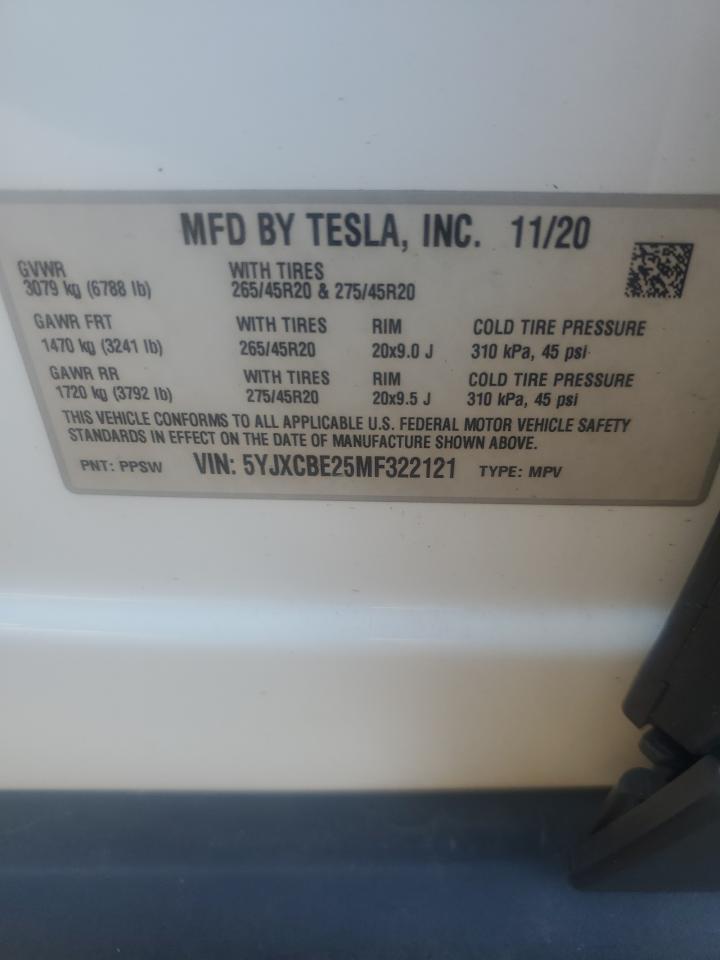 2021 Tesla Model X VIN: 5YJXCBE25MF322121 Lot: 92929645
