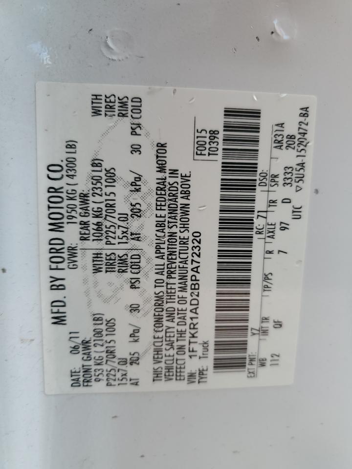 2011 Ford Ranger VIN: 1FTKR1AD2BPA72320 Lot: 91737175