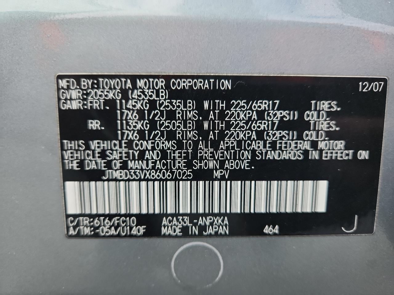 2008 Toyota Rav4 VIN: JTMBD33VX86067025 Lot: 92139115