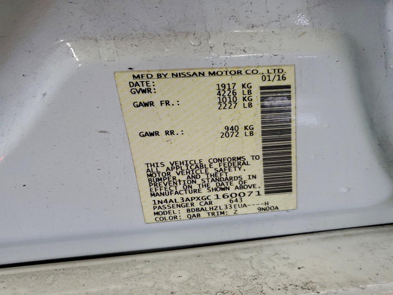 2016 Nissan Altima 2.5 VIN: 1N4AL3APXGC160071 Lot: 93936015