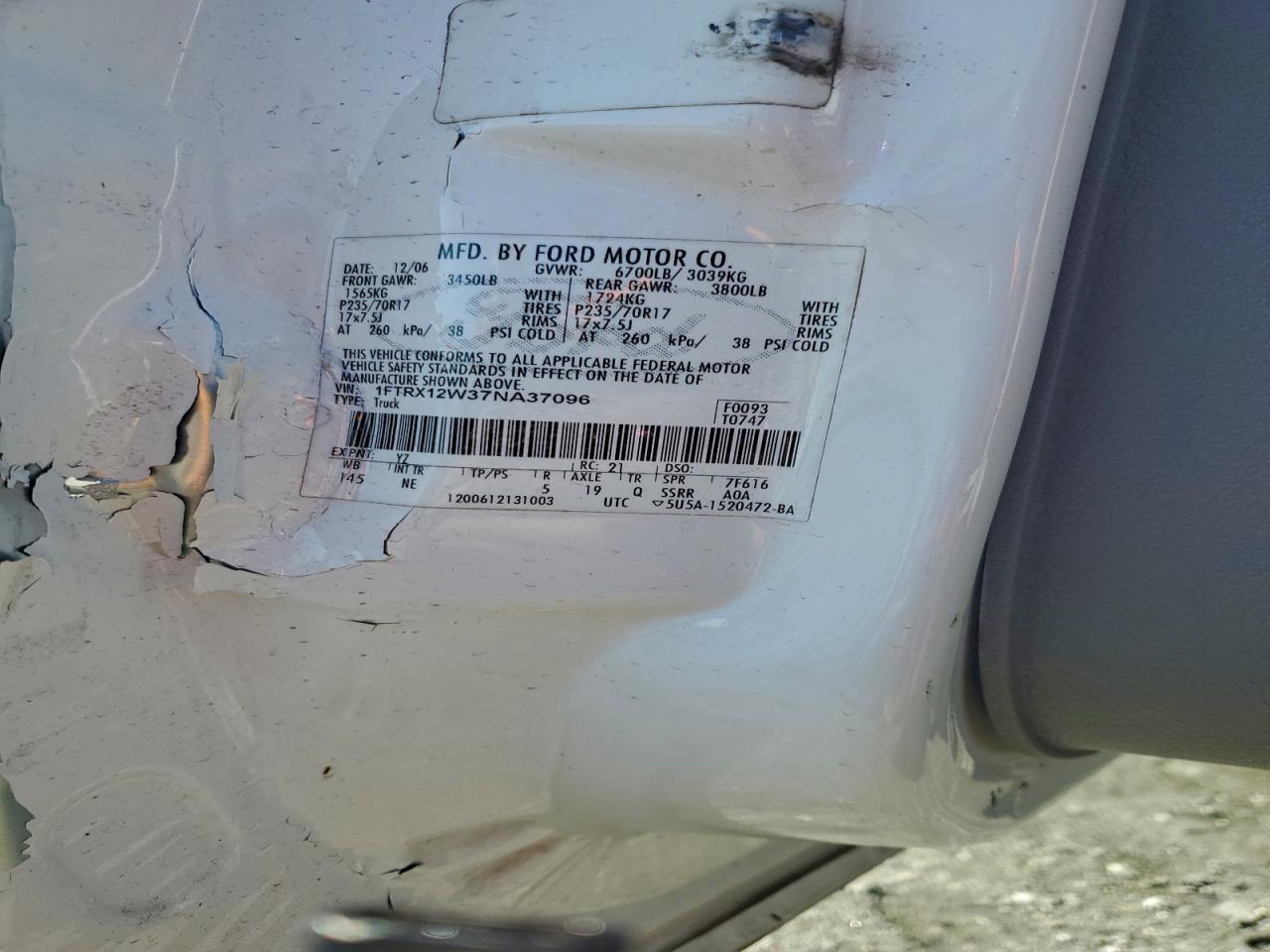 2007 Ford F150 VIN: 1FTRX12W37NA37096 Lot: 93931595