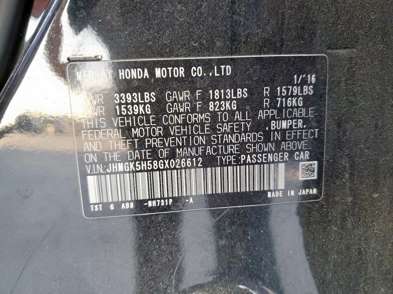 2016 Honda Fit Lx VIN: JHMGK5H58GX026612 Lot: 92034445