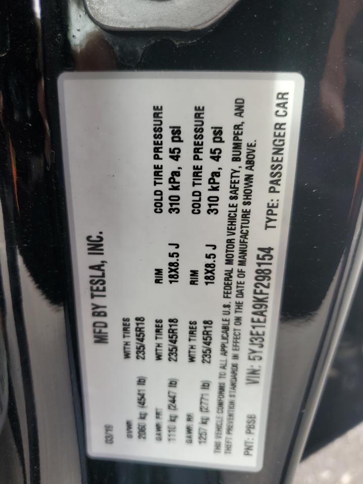 2019 Tesla Model 3 VIN: 5YJ3E1EA9KF298154 Lot: 92885265