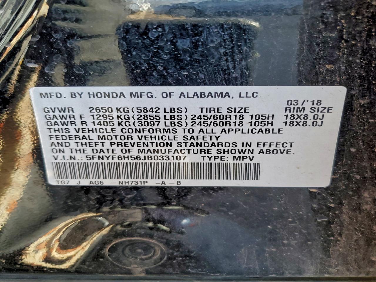 2018 Honda Pilot Exl VIN: 5FNYF6H56JB033107 Lot: 94422825