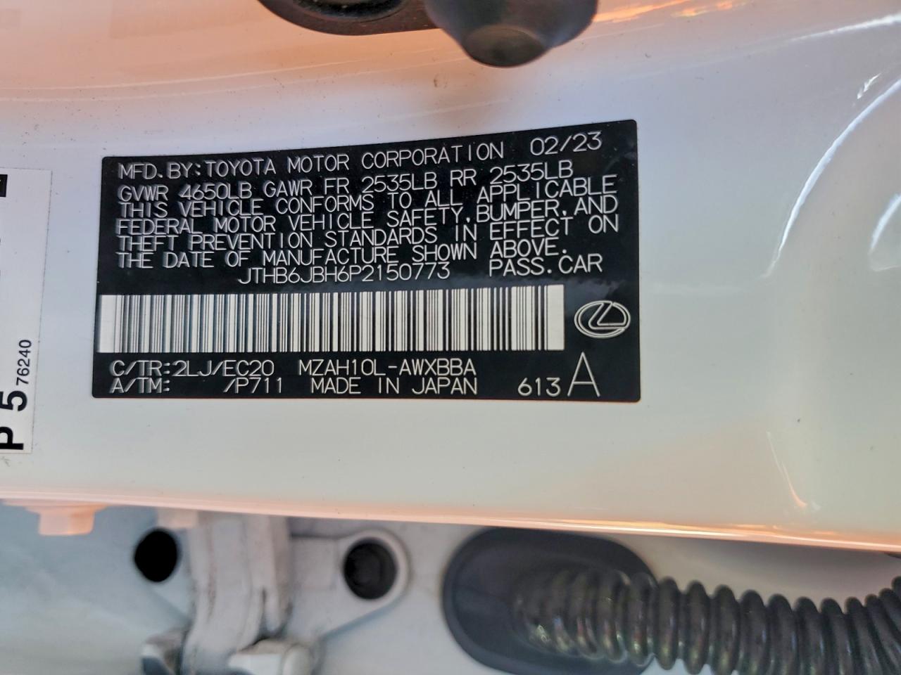 2023 Lexus Ux 250H Base VIN: JTHB6JBH6P2150773 Lot: 93924535