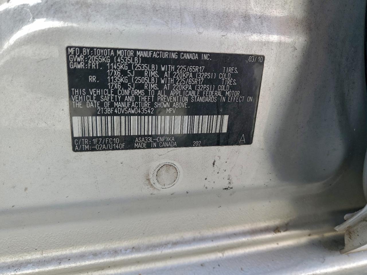 2010 Toyota Rav4 VIN: 2T3BF4DV5AW043542 Lot: 93459535