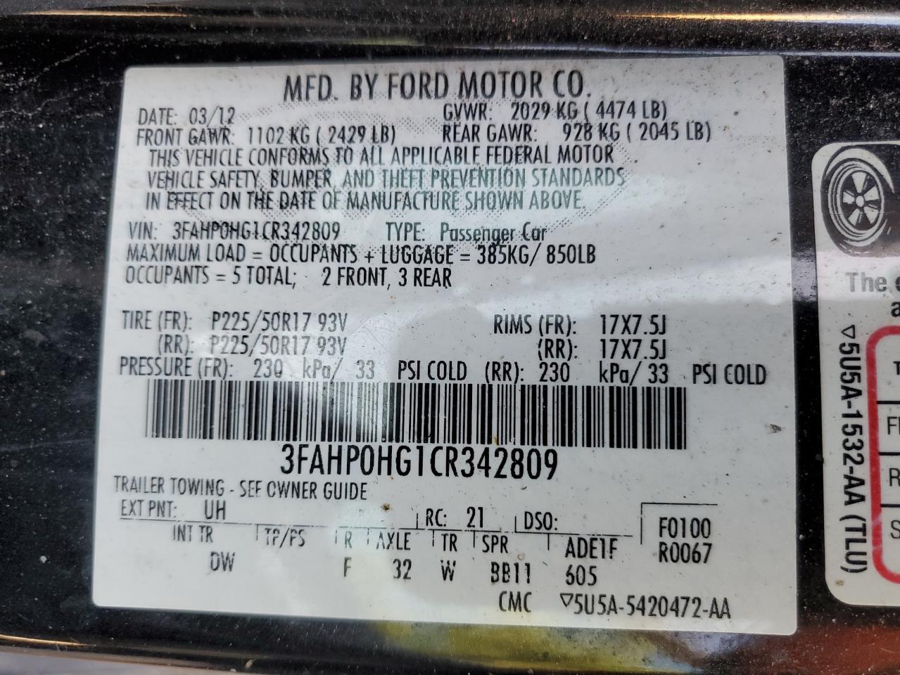 2012 Ford Fusion Se VIN: 3FAHP0HG1CR342809 Lot: 93046195