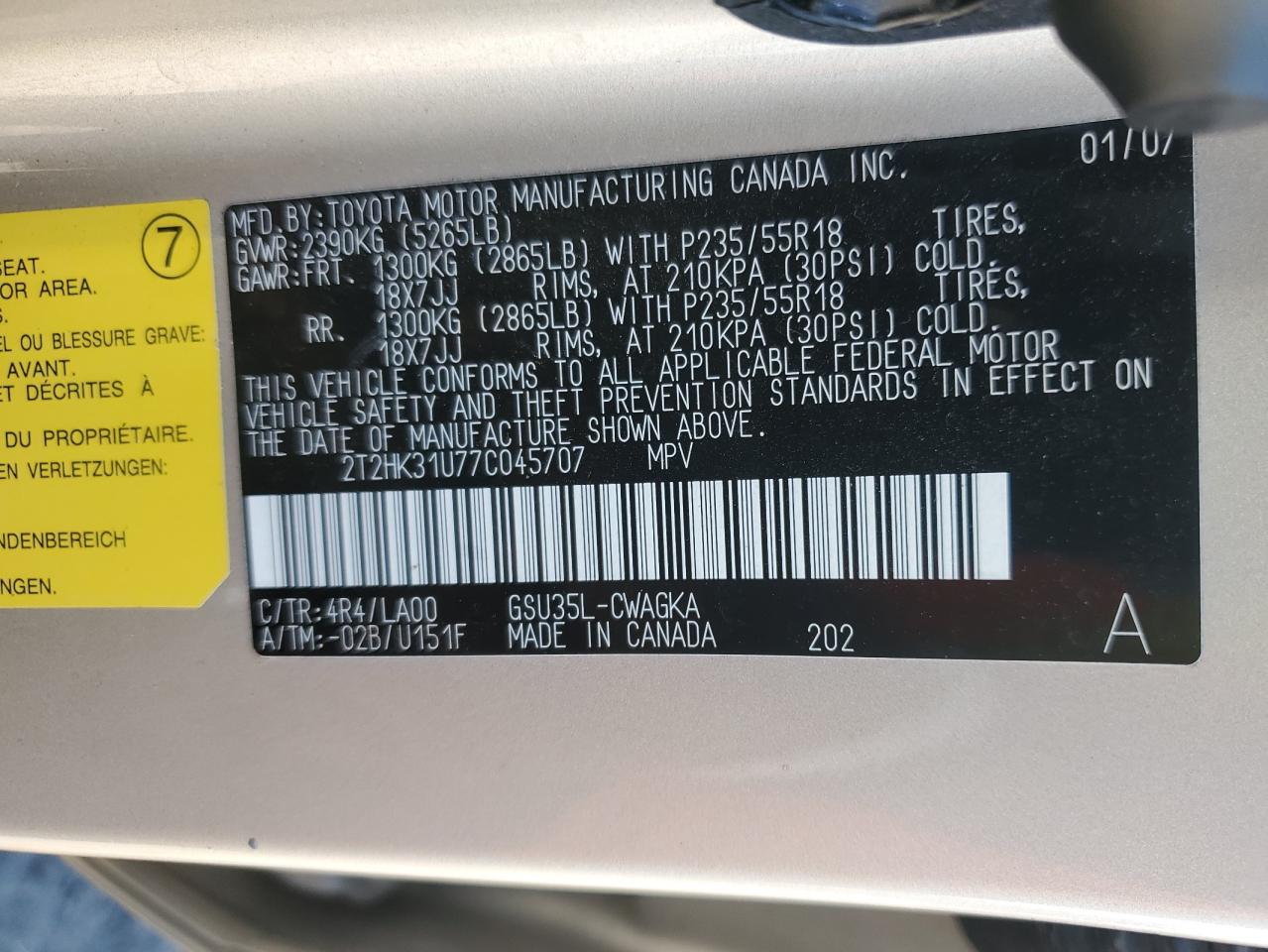 2007 Lexus Rx 350 VIN: 2T2HK31U77C045707 Lot: 91398195