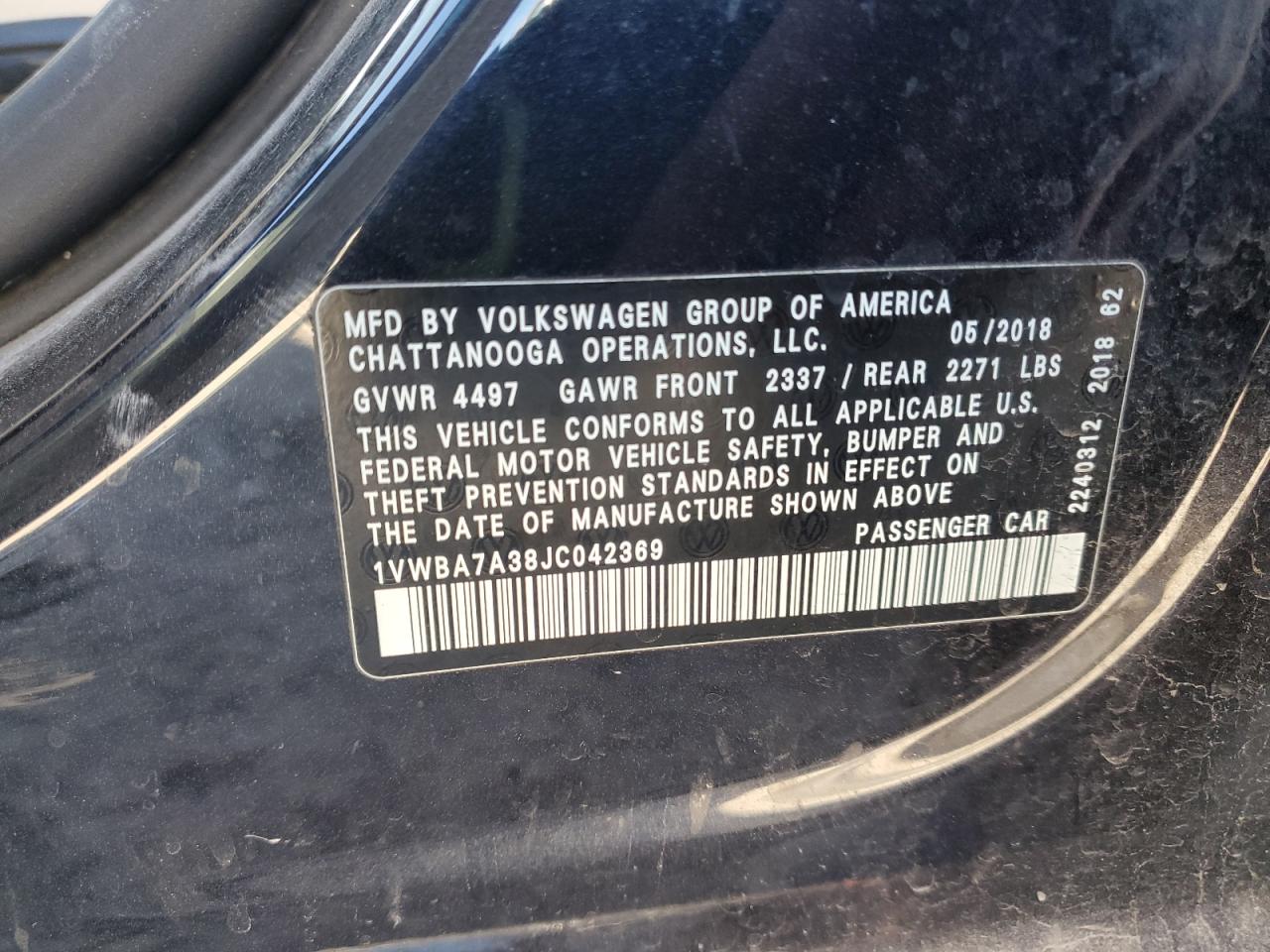 2018 Volkswagen Passat Se VIN: 1VWBA7A38JC042369 Lot: 92530785